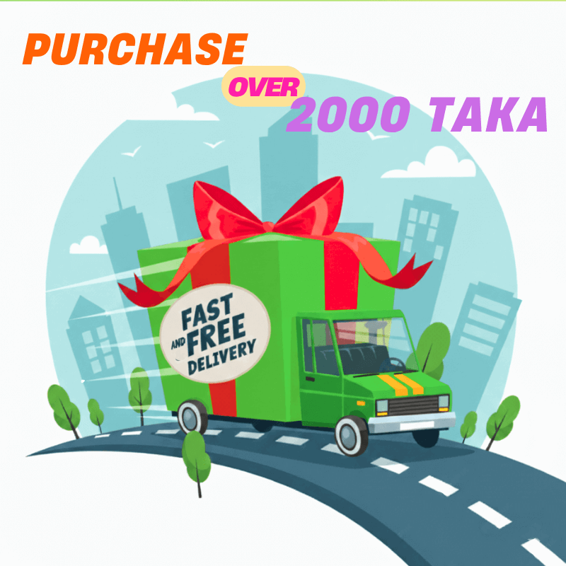 Green delivery truck designed as a gift with ribbon, promoting free delivery on purchases over 2000 Taka in Bangladesh
