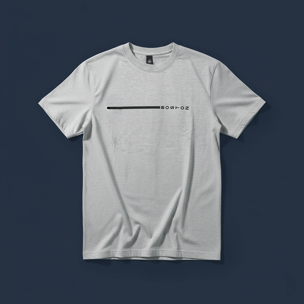 A light grey t-shirt featuring a minimalist black horizontal line with the word 'BOSTON' at its end, centered on a dark blue background.