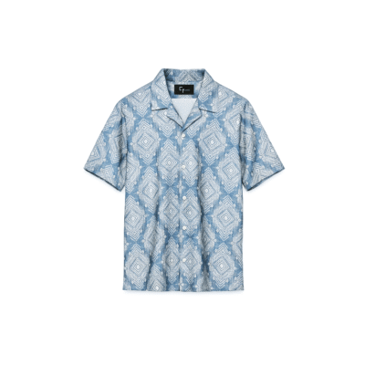 A men's short-sleeve blue shirt with a light geometric diamond pattern and a relaxed camp collar, presented flat on a white background.