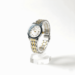 Gold and silver OLEVS quartz wristwatch displayed on a transparent stand against a white background
