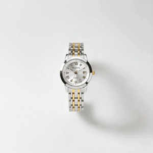 OLEVS Gold-Silver Quartz Watch with Roman Numerals Gold and silver OLEVS quartz wristwatch displayed on a white background