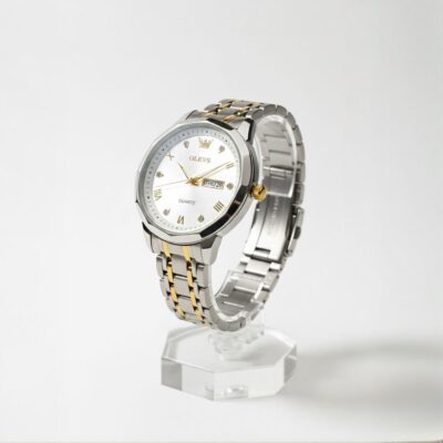 OLEVS men’s silver and gold quartz wristwatch with white dial, gold markers, and day-date display