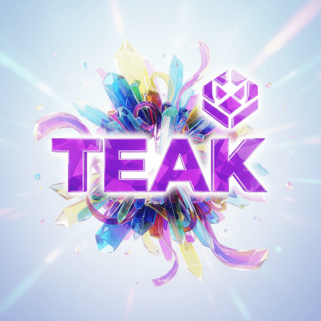 TEAK logo with geometric leaf symbol surrounded by colorful crystal shards on a bright gradient background