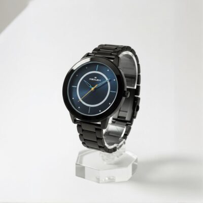 Xenlex men’s black analog wristwatch with a blue dial and yellow second hand, displayed on a transparent stand.