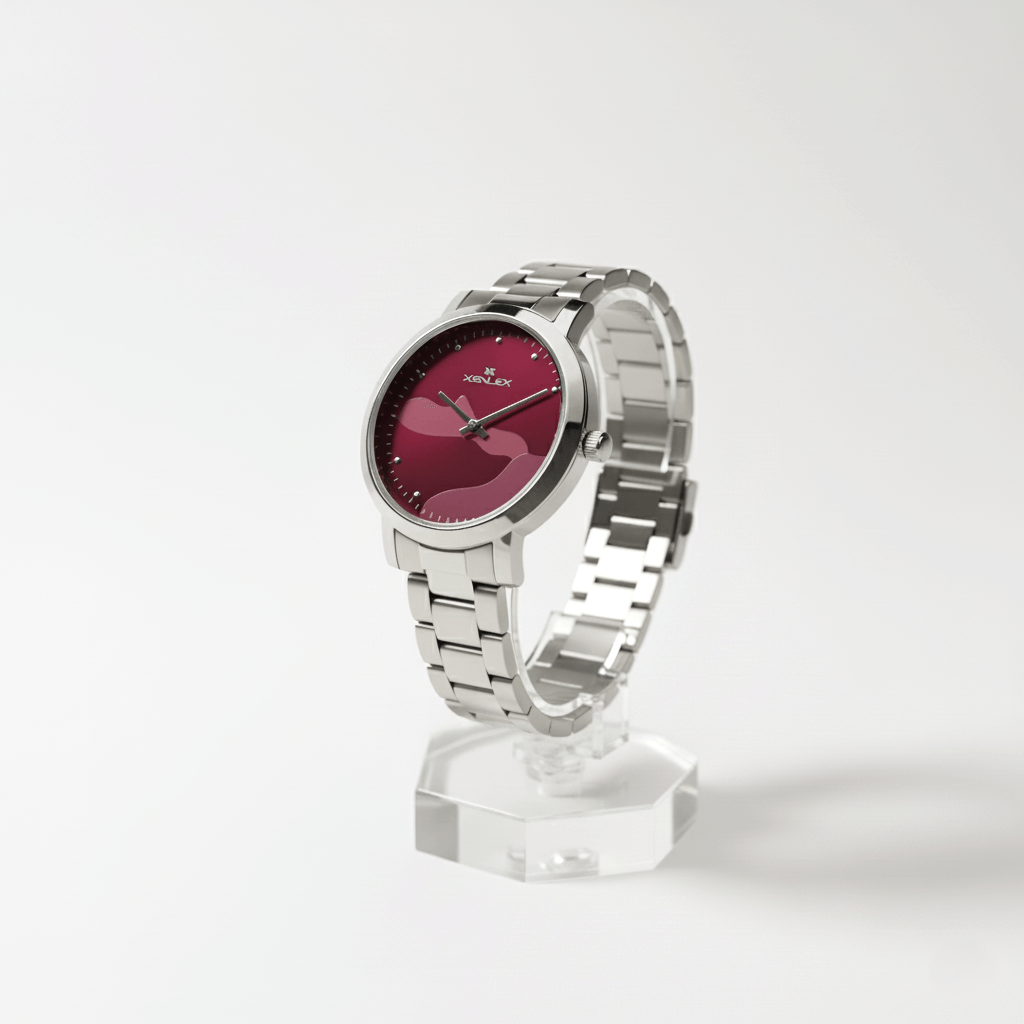 XENLEX red dial wristwatch with stainless steel strap and minimalist design