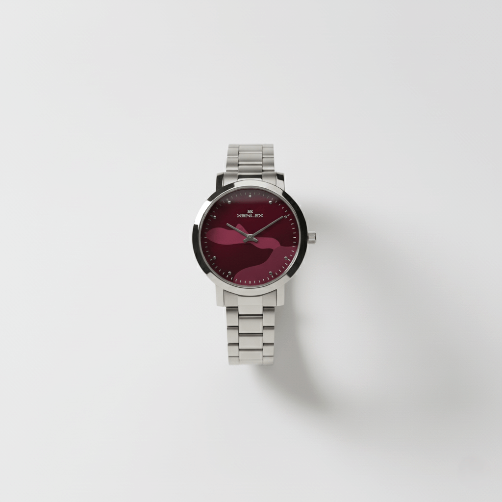 XENLEX red dial wristwatch with stainless steel strap and minimalist design