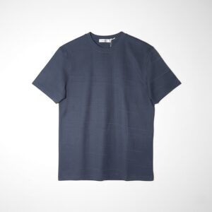 Dark textured short-sleeve t-shirt for men hanging on a hanger against a white background.