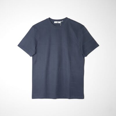 Dark textured short-sleeve t-shirt for men hanging on a hanger against a white background.