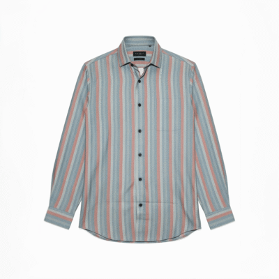 Men's long-sleeve button-up shirt with vertical stripes in blue, grey, and coral, featuring a subtle textured fabric and dark buttons.
