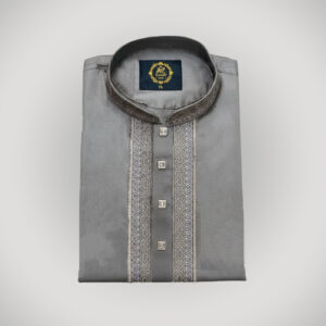 Folded grey men's panjabi with intricate silver and grey embroidery on the placket and collar, for traditional events.